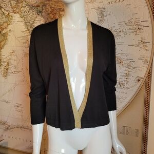 August Silk black cropped lady cardigan with metallic gold trim quiet luxury L